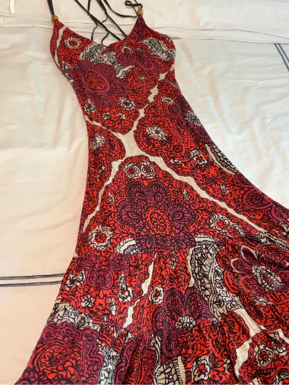Free People - RARE vintage 2007 Red and Black Floral Lace-Up Maxi Dress